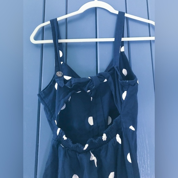 Navy Blue Polka Dot Cropped Jumpsuit Juniors Medium Open Back Whimsical Playful - Picture 4 of 6